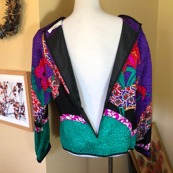 Vtg 80s UMI COLL Size 16 Silk VIVID Floral Geometric Zip-Back Pullover Artistic - Picture 8 of 12